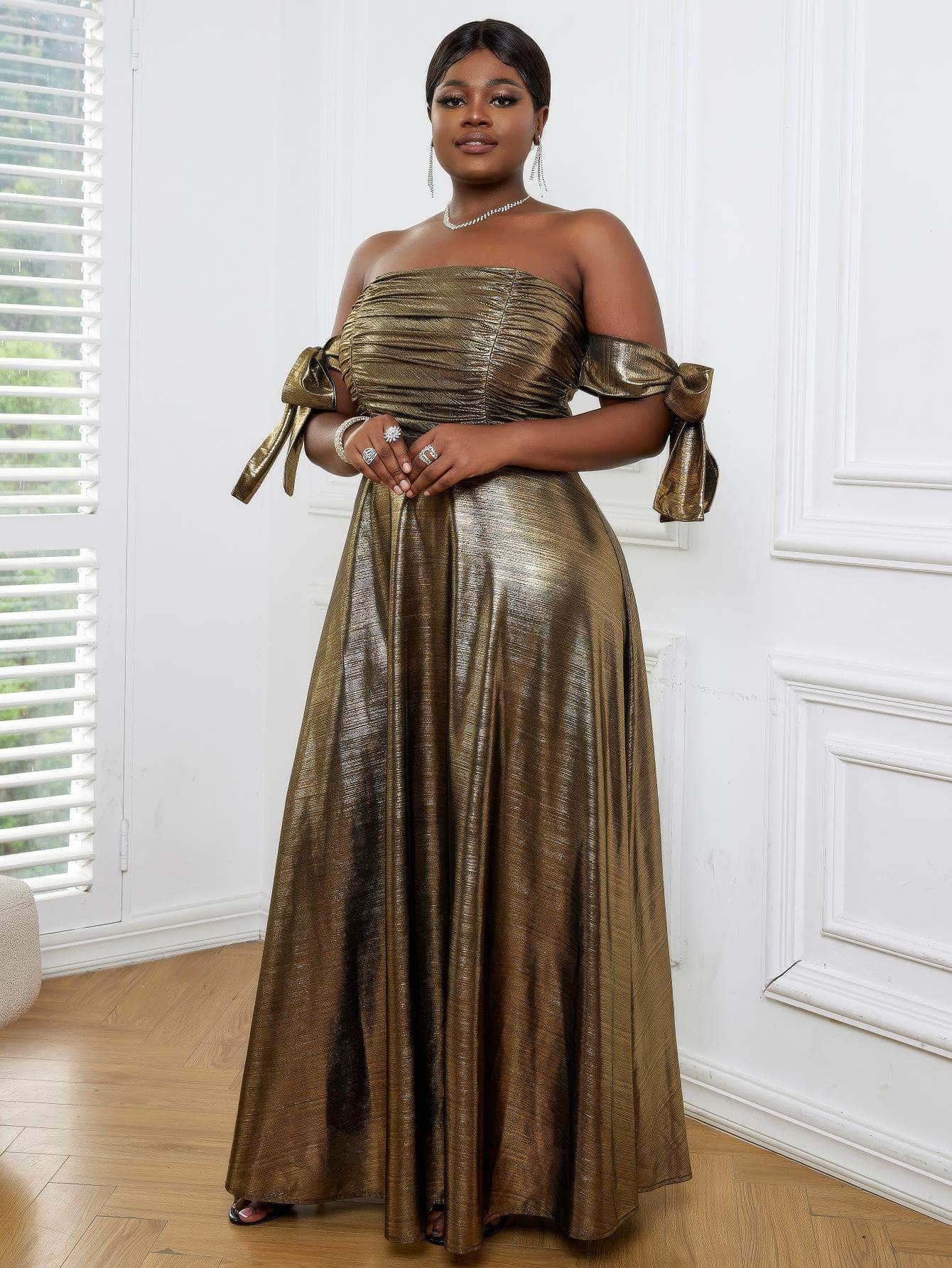 Luxury Metallic Gold Ruched Pleated Maxi Dress