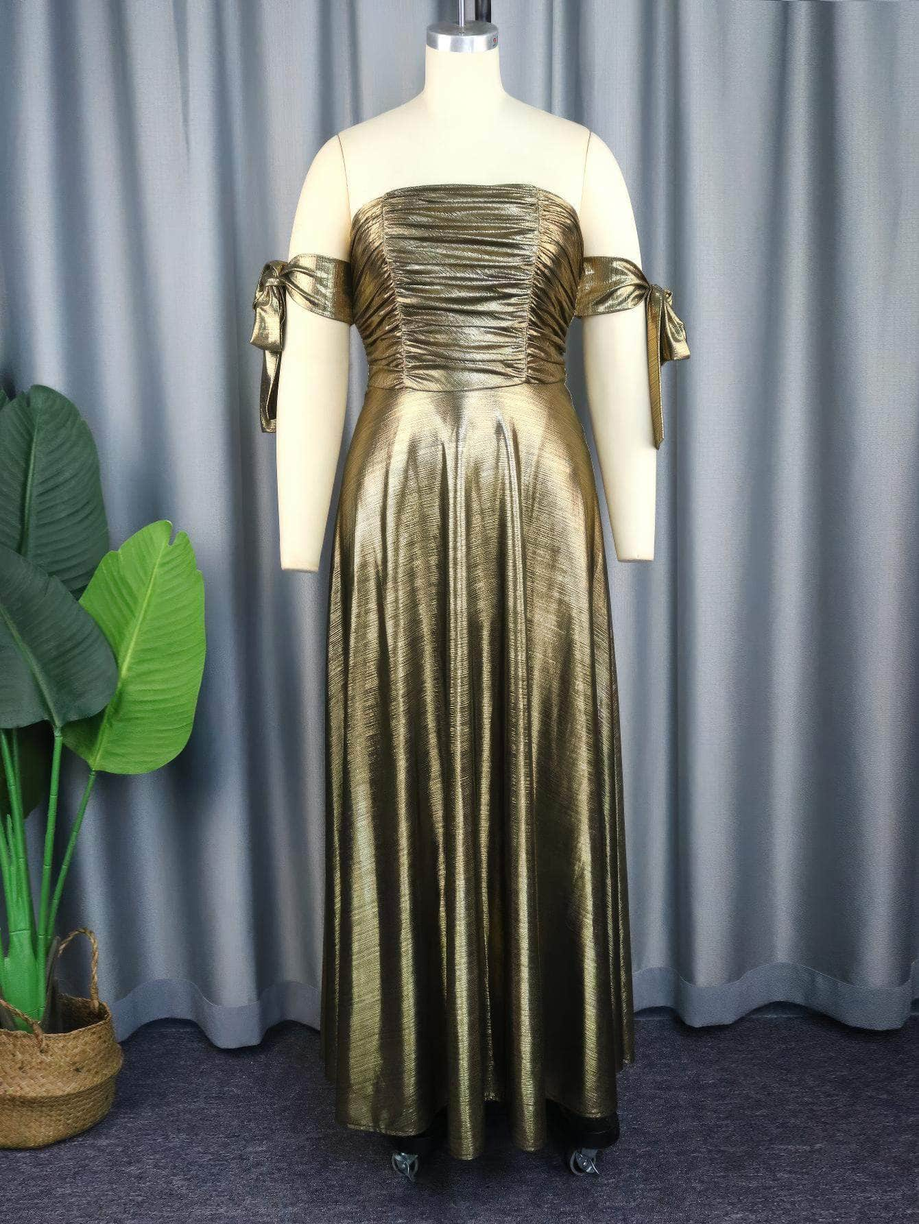 Luxury Metallic Gold Ruched Pleated Maxi Dress