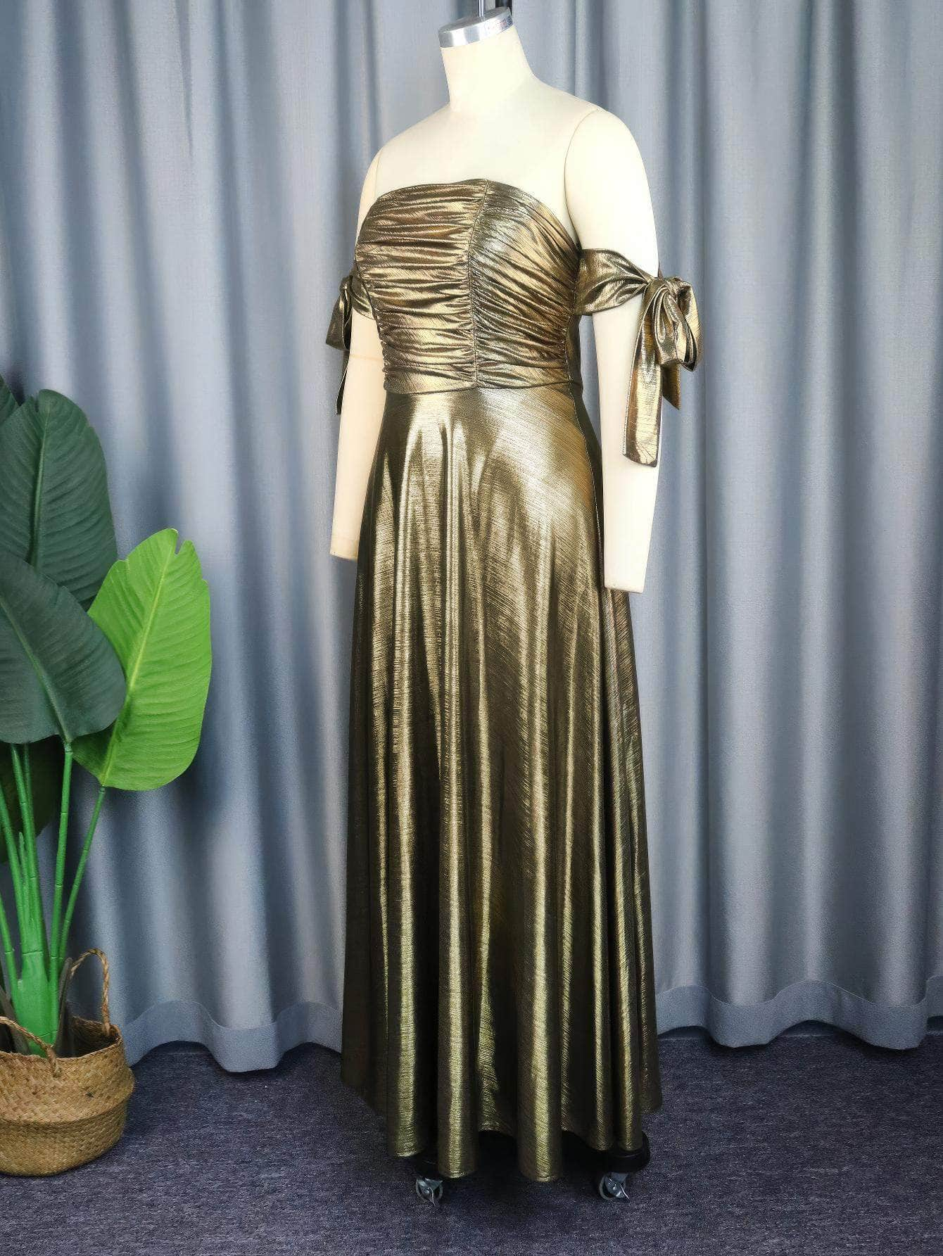 Luxury Metallic Gold Ruched Pleated Maxi Dress