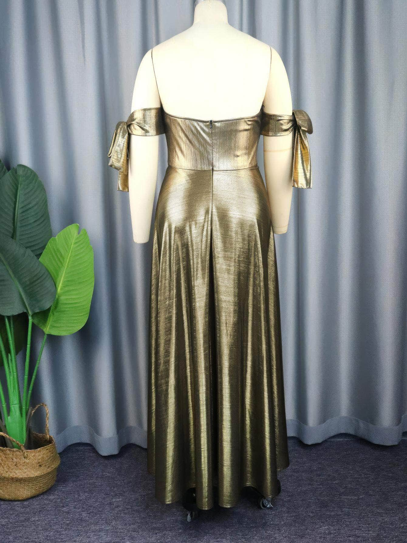 Luxury Metallic Gold Ruched Pleated Maxi Dress