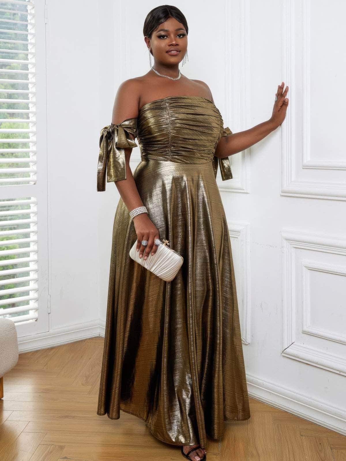 Luxury Metallic Gold Ruched Pleated Maxi Dress