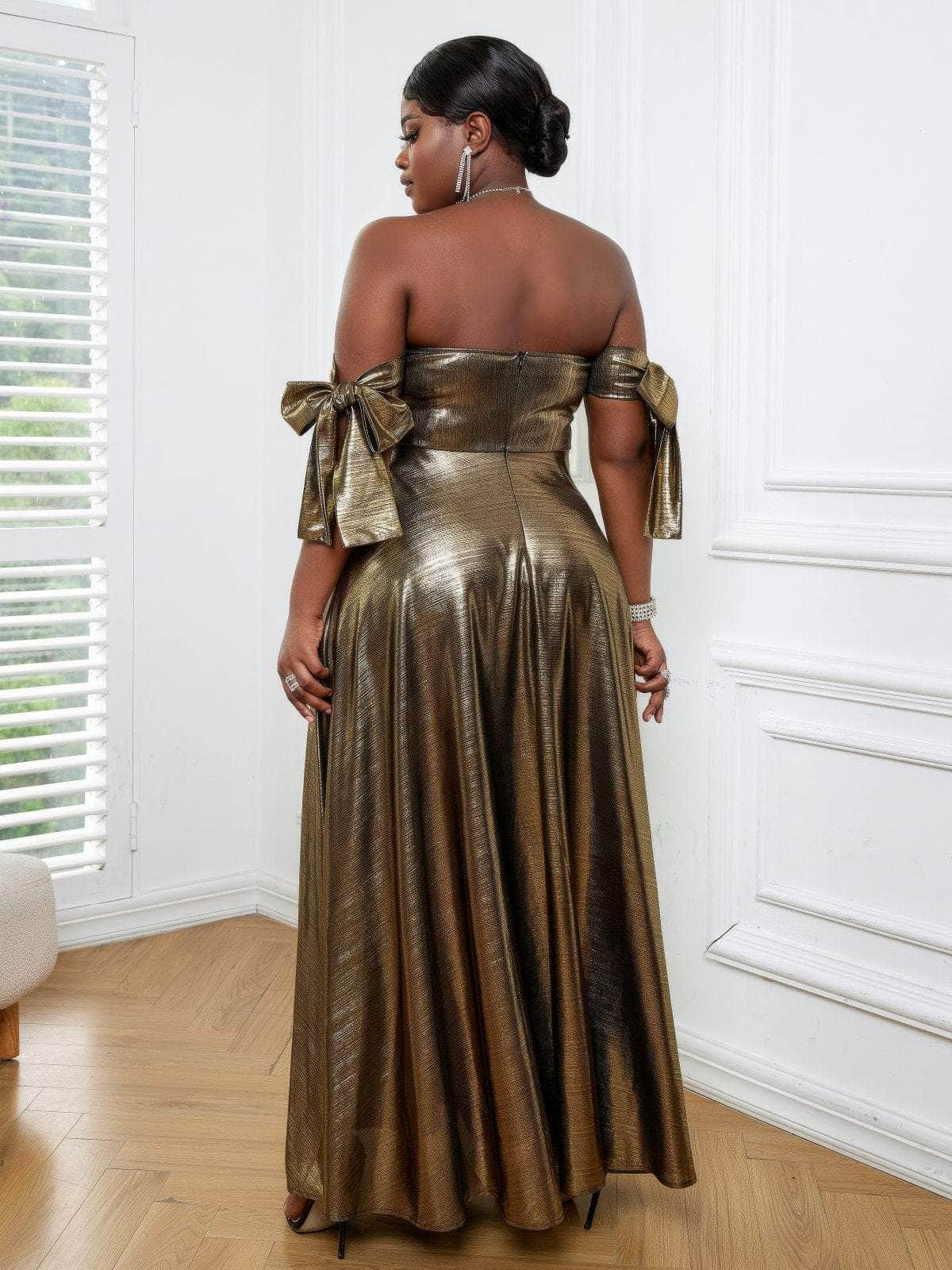 Luxury Metallic Gold Ruched Pleated Maxi Dress