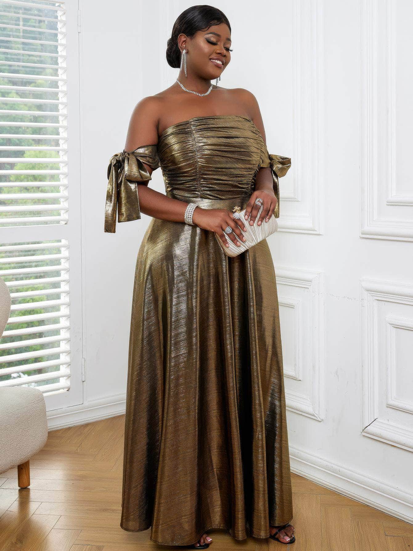 Luxury Metallic Gold Ruched Pleated Maxi Dress US 4-6 / Gold