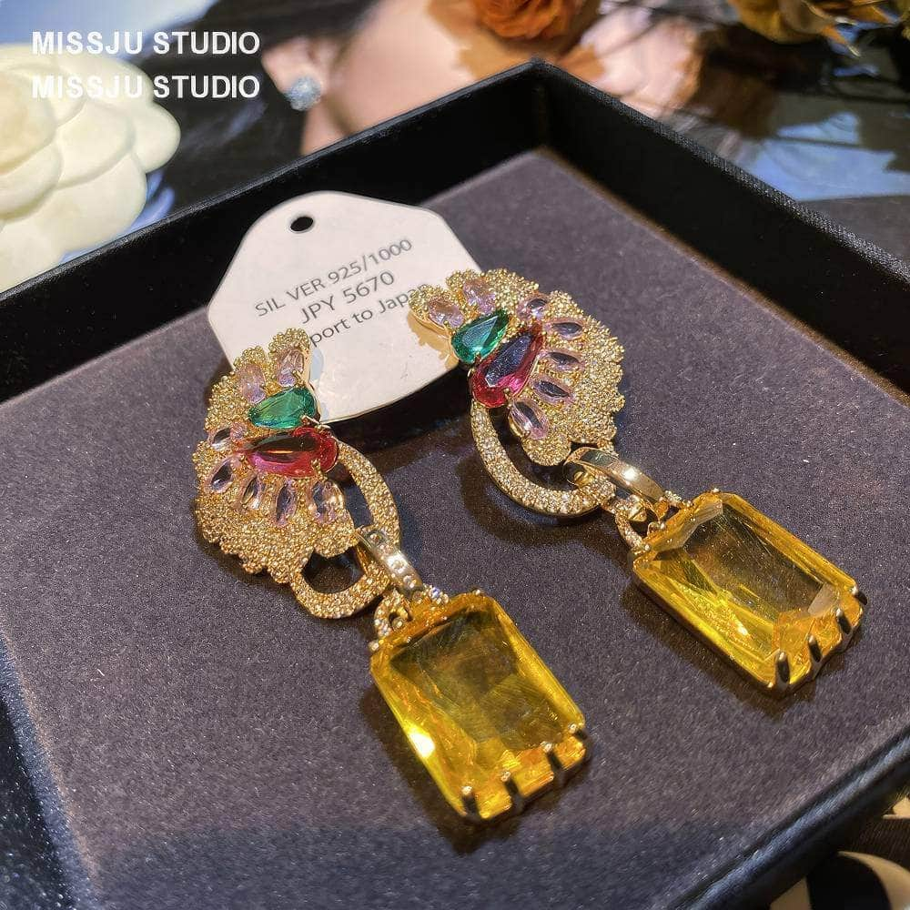 Luxury Multicolor Gemstone Crystal Yellow Gold Dangle Earrings Multicolor