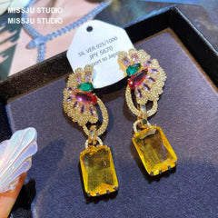 Luxury Multicolor Gemstone Crystal Yellow Gold Dangle Earrings Multicolor