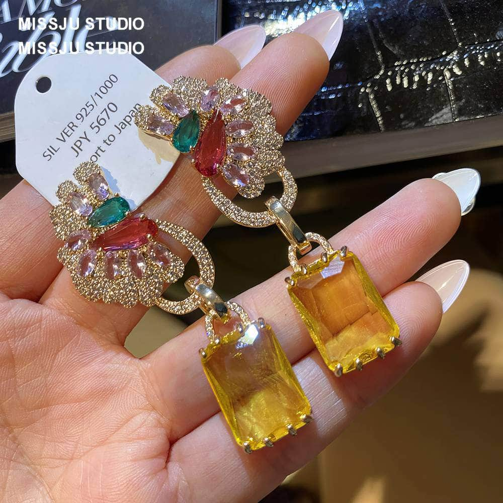 Luxury Multicolor Gemstone Crystal Yellow Gold Dangle Earrings Multicolor