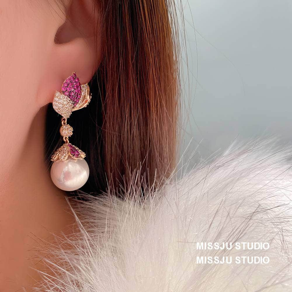 Luxury Paved Crystal Two-Toned Gemstone Pearl Drop Earrings MediumVioletRed