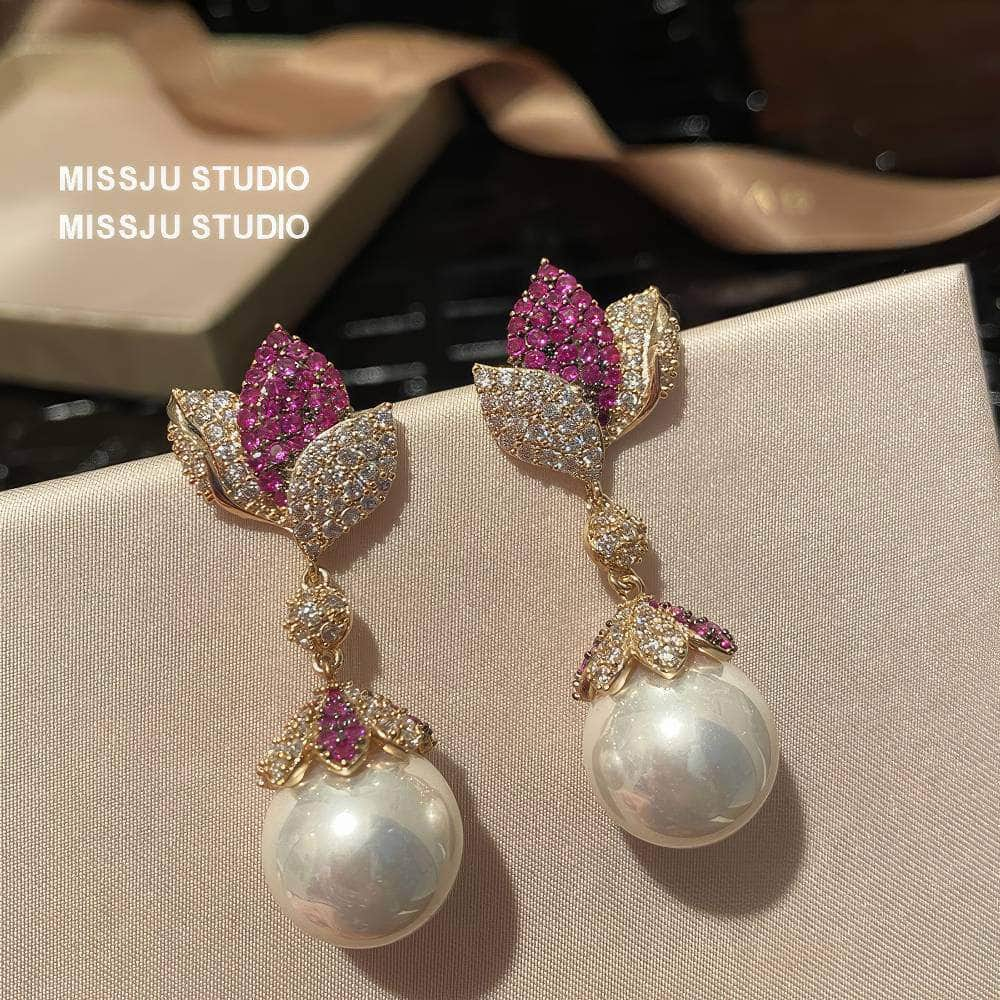 Luxury Paved Crystal Two-Toned Gemstone Pearl Drop Earrings MediumVioletRed