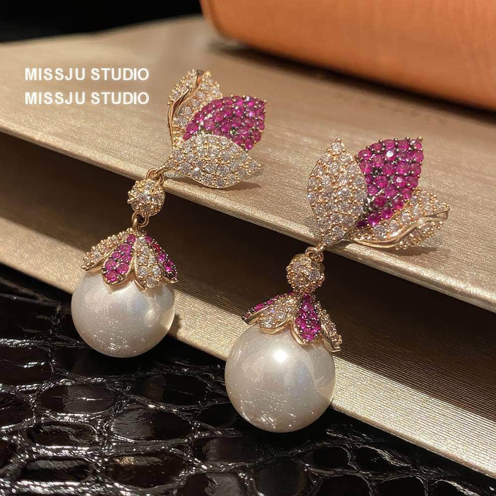 Luxury Paved Crystal Two-Toned Gemstone Pearl Drop Earrings MediumVioletRed