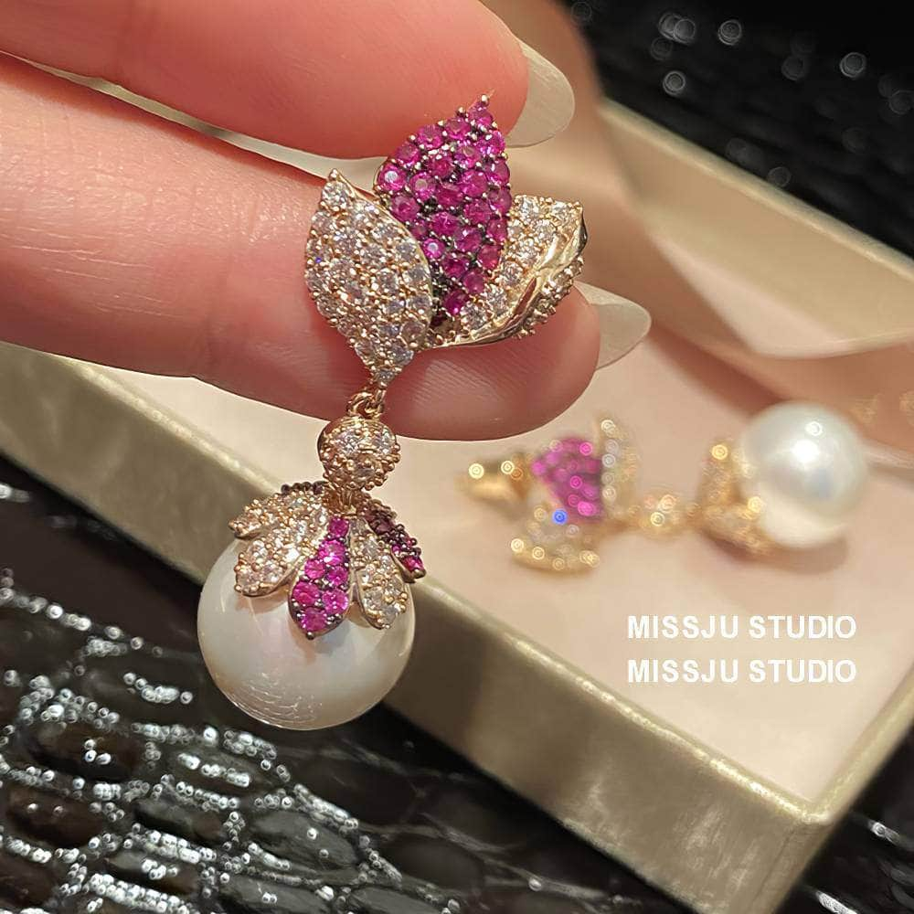 Luxury Paved Crystal Two-Toned Gemstone Pearl Drop Earrings MediumVioletRed