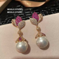 Luxury Paved Crystal Two-Toned Gemstone Pearl Drop Earrings MediumVioletRed