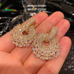 Luxury Paved Crystals Sparkling Round Statement Earrings White