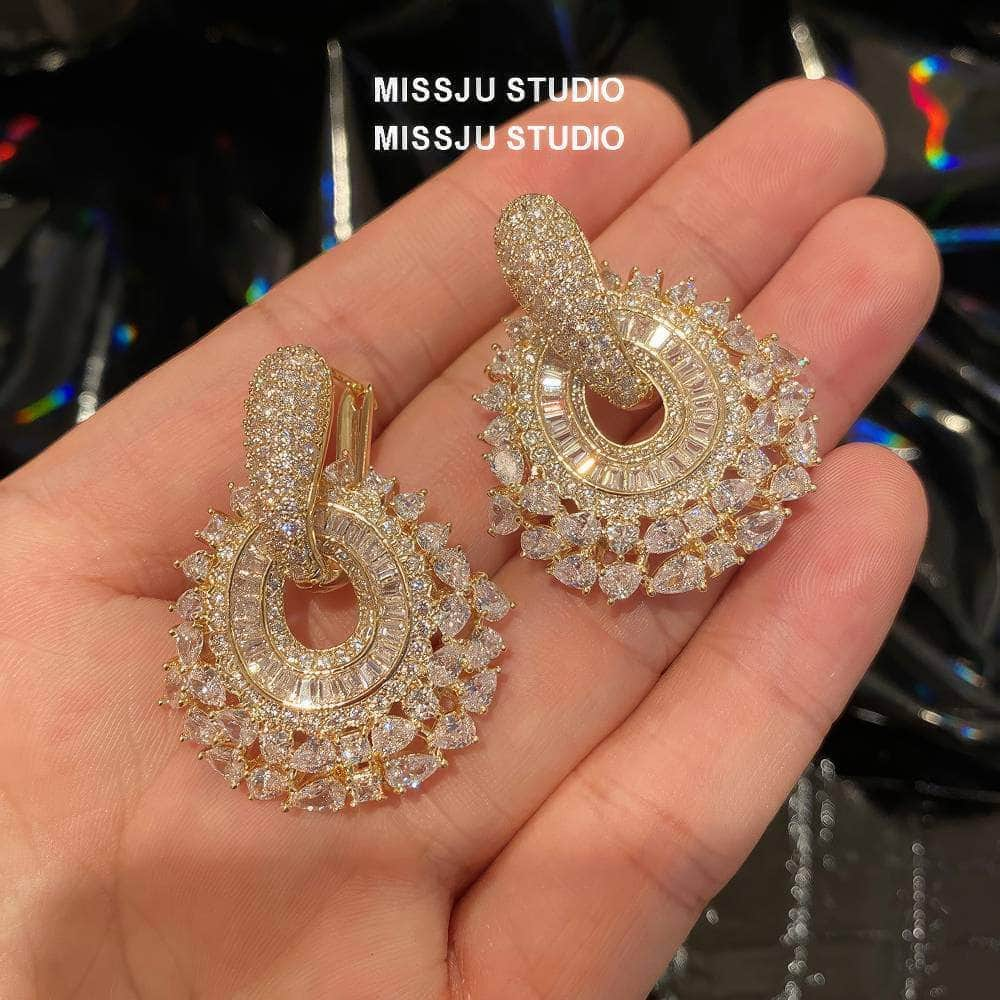 Luxury Paved Crystals Sparkling Round Statement Earrings White