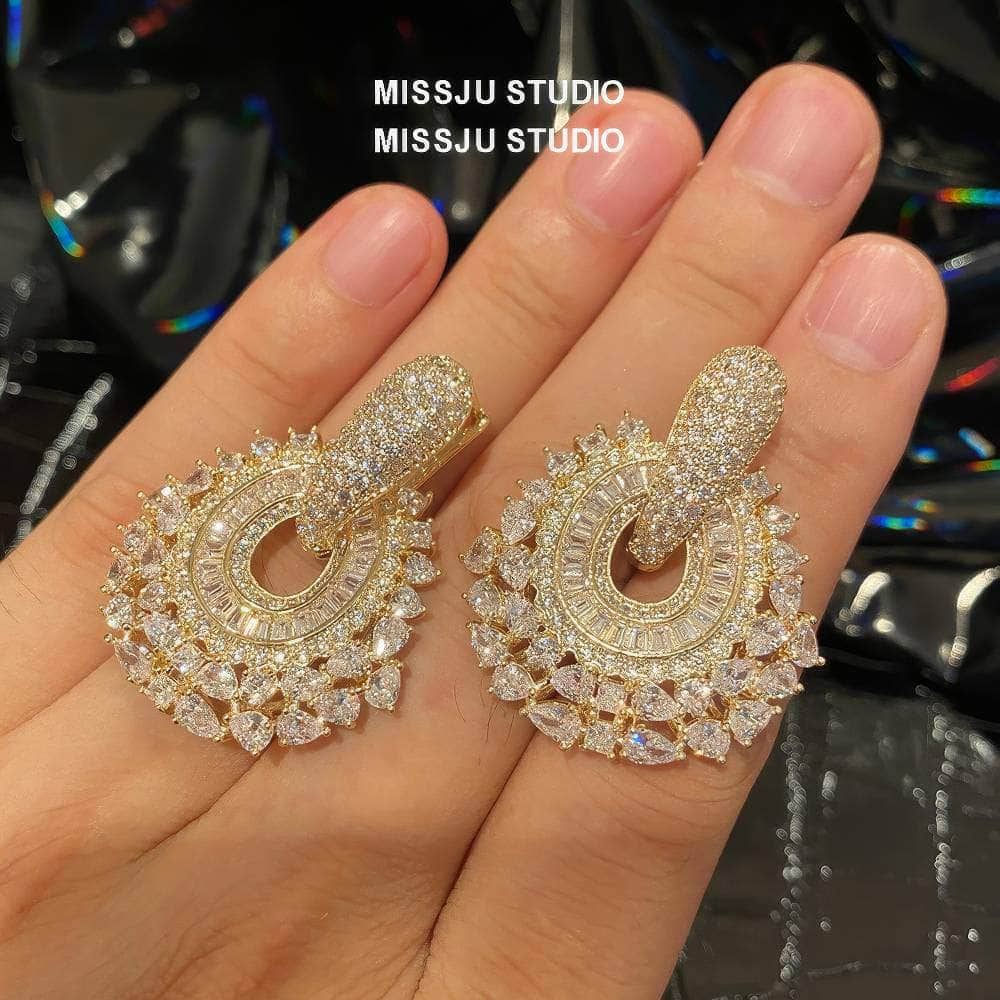 Luxury Paved Crystals Sparkling Round Statement Earrings White