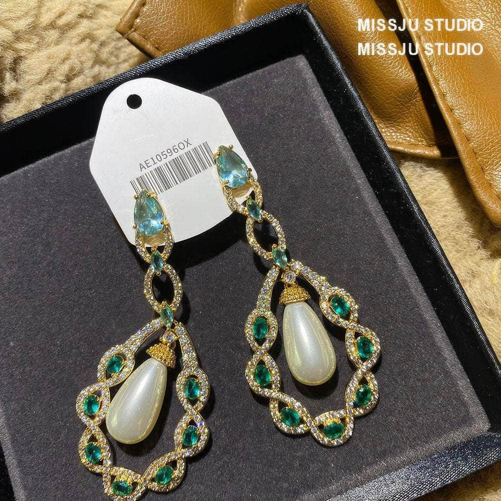 Luxury Pearl Chandelier Paved Crystal Earrings Green