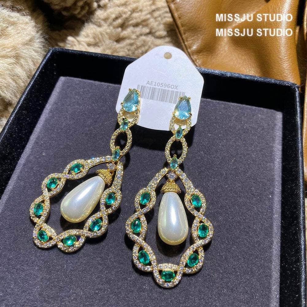 Luxury Pearl Chandelier Paved Crystal Earrings Green