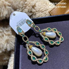 Luxury Pearl Chandelier Paved Crystal Earrings Green