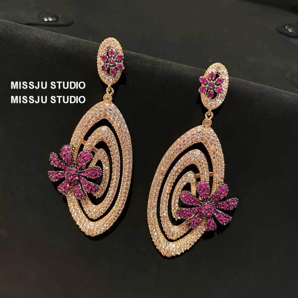 Luxury Pink Floral Embellished Sparkling Dangle Earrings Pink