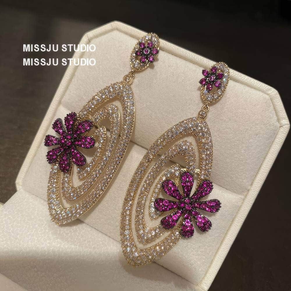 Luxury Pink Floral Embellished Sparkling Dangle Earrings Pink