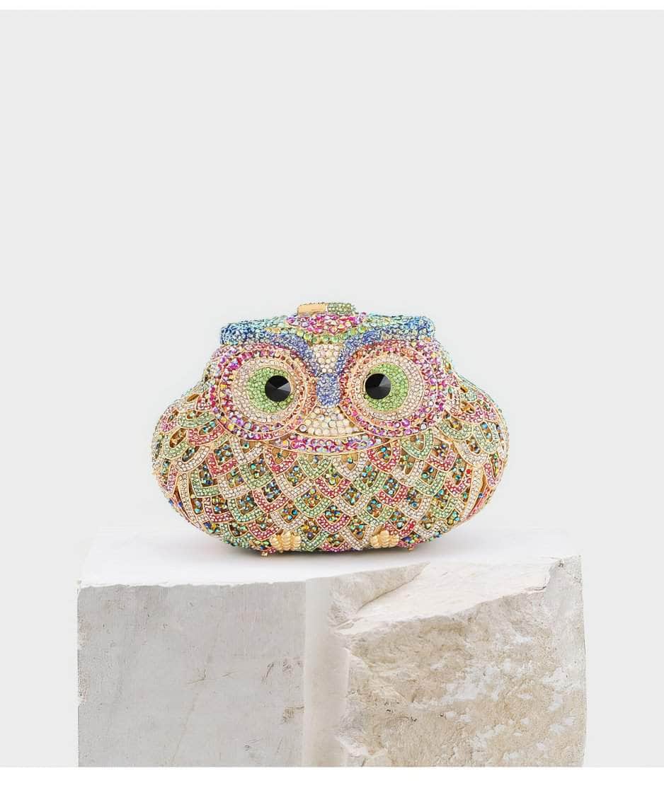 Luxury Sparkling Multicolor Owl Decor Crystal Clutch Purse Multicolor