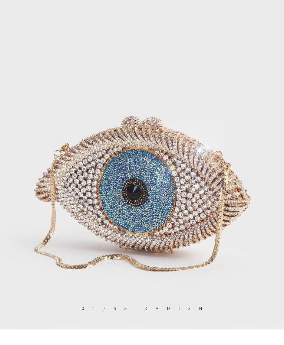 Luxury Sparkling Multitone Blue Eye Crystal Clutch Purse