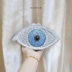 Luxury Sparkling Multitone Blue Eye Crystal Clutch Purse Silver