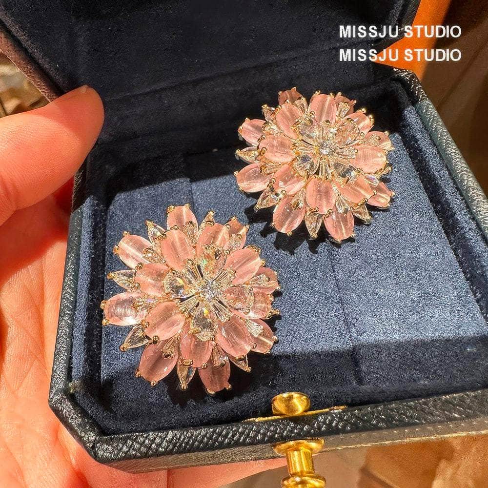 Luxury Statement Pink Crystal Spiked Flower Statement Earrings Pink