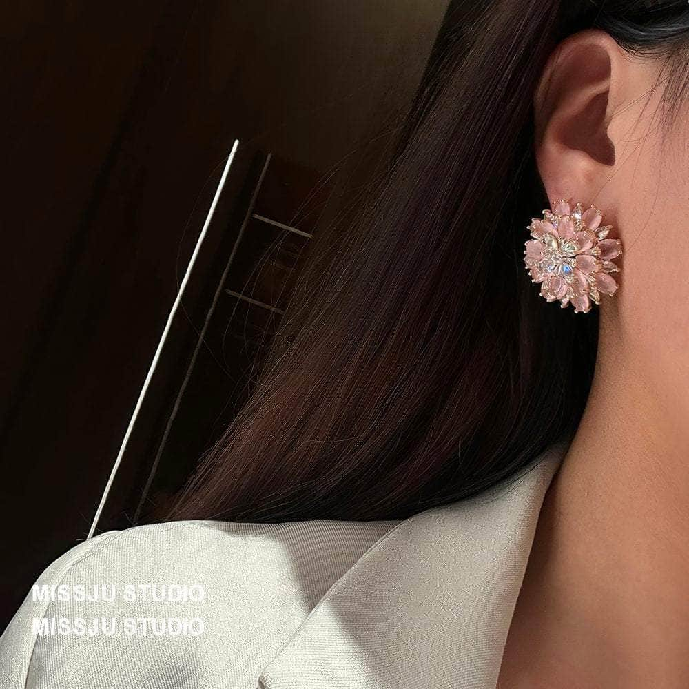 Luxury Statement Pink Crystal Spiked Flower Statement Earrings Pink