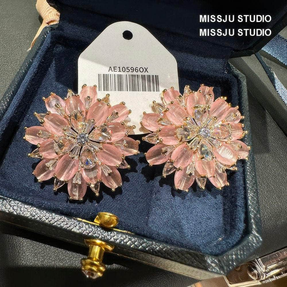 Luxury Statement Pink Crystal Spiked Flower Statement Earrings Pink