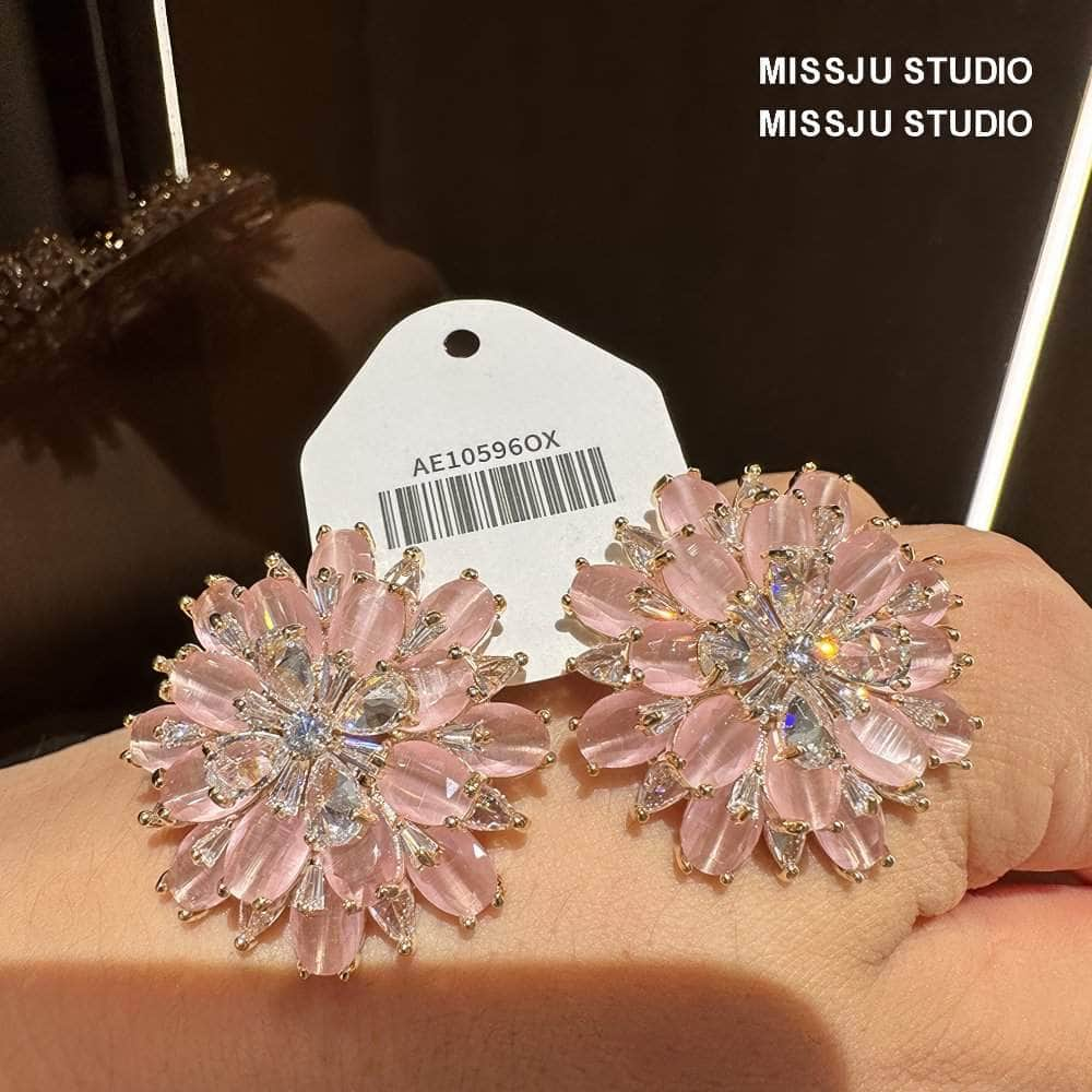 Luxury Statement Pink Crystal Spiked Flower Statement Earrings Pink