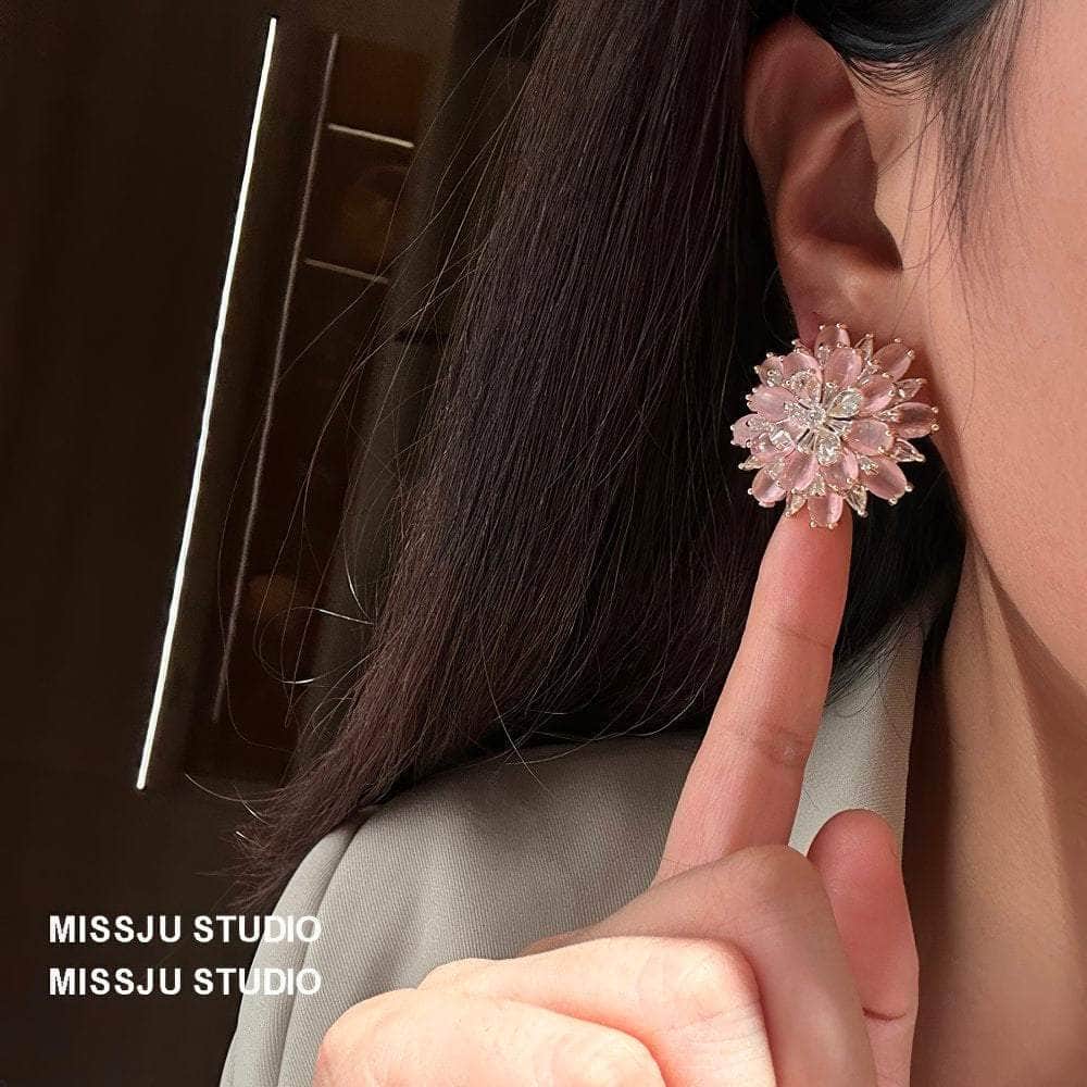 Luxury Statement Pink Crystal Spiked Flower Statement Earrings Pink