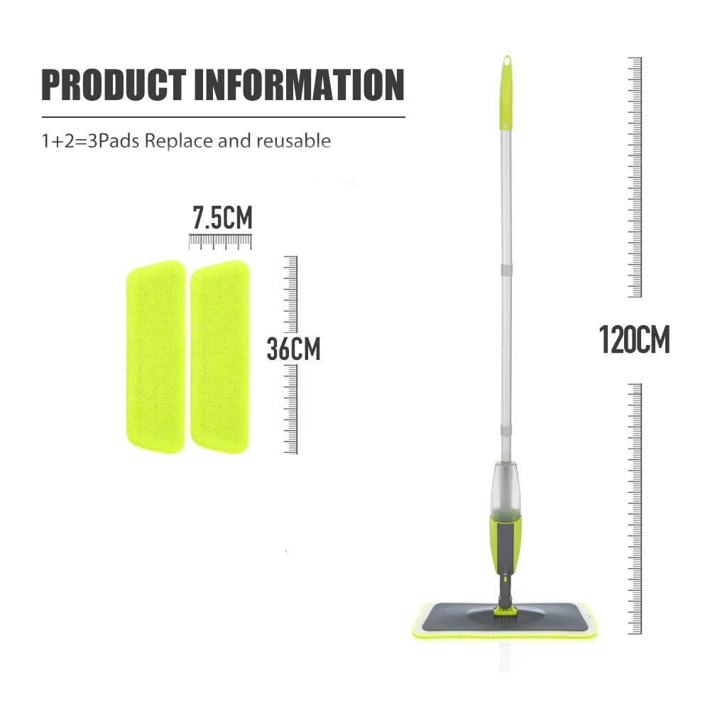 Magic Spray Mop Broom Set for Home Cleaning - Flat Mops with Reusable Microfiber Pads Green Mop 3 Pads