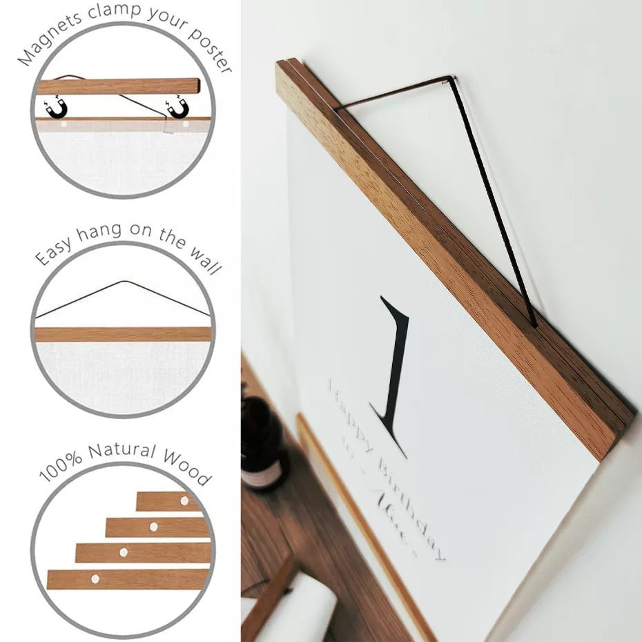 Magnetic DIY Wood Poster Frame: Teak Pine Hangers Kit for Pictures, Canvas Prints, Poster Scroll Artwork
