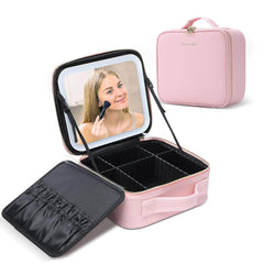 Makeup Train Case with Adjustable LED Mirror - Cosmetic Travel Case with Dividers for Lady