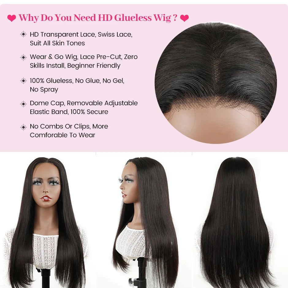 Malaysian Straight Glueless Human Hair Wig - Wear And Go, 13x4 Lace Frontal, Ready To Wear, Real HD Lace