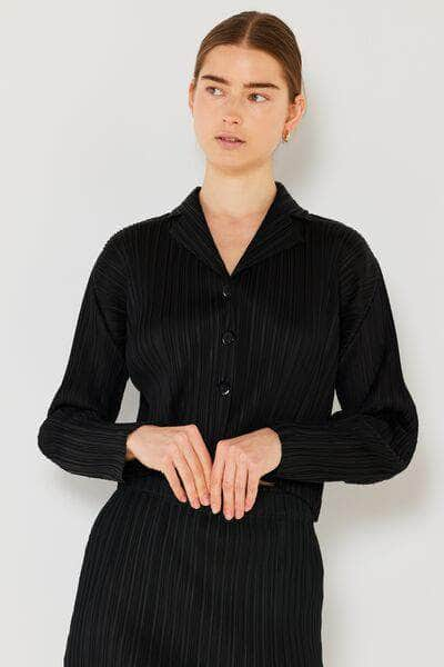 Marina West Swim Pleated Cropped Button Up Shirt Black / S/M