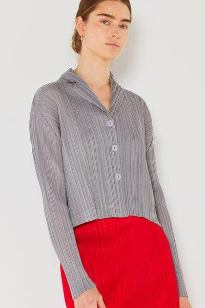 Marina West Swim Pleated Cropped Button Up Shirt Gray / S/M