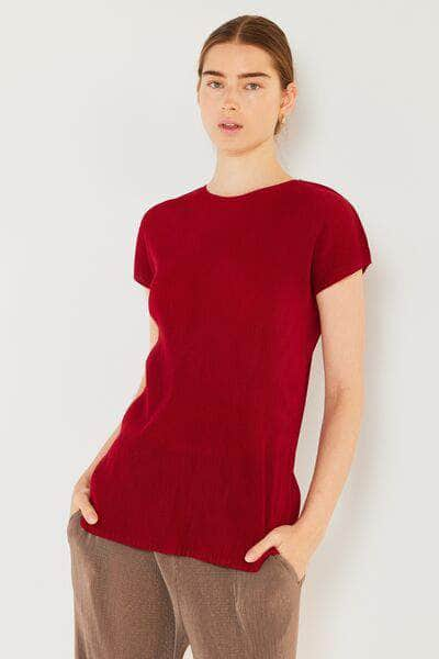 Marina West Swim Rib Pleated Cap Sleeve Top Maroon Red / S/M