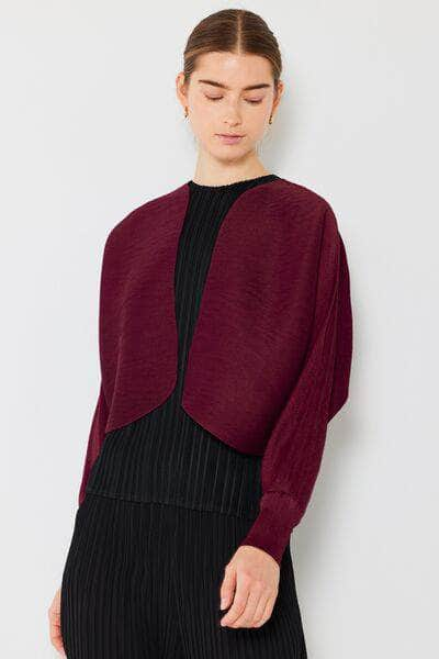 Marina West Swim Rib Pleated Puff Sleeve Bolero Cardigan Wine / One Size