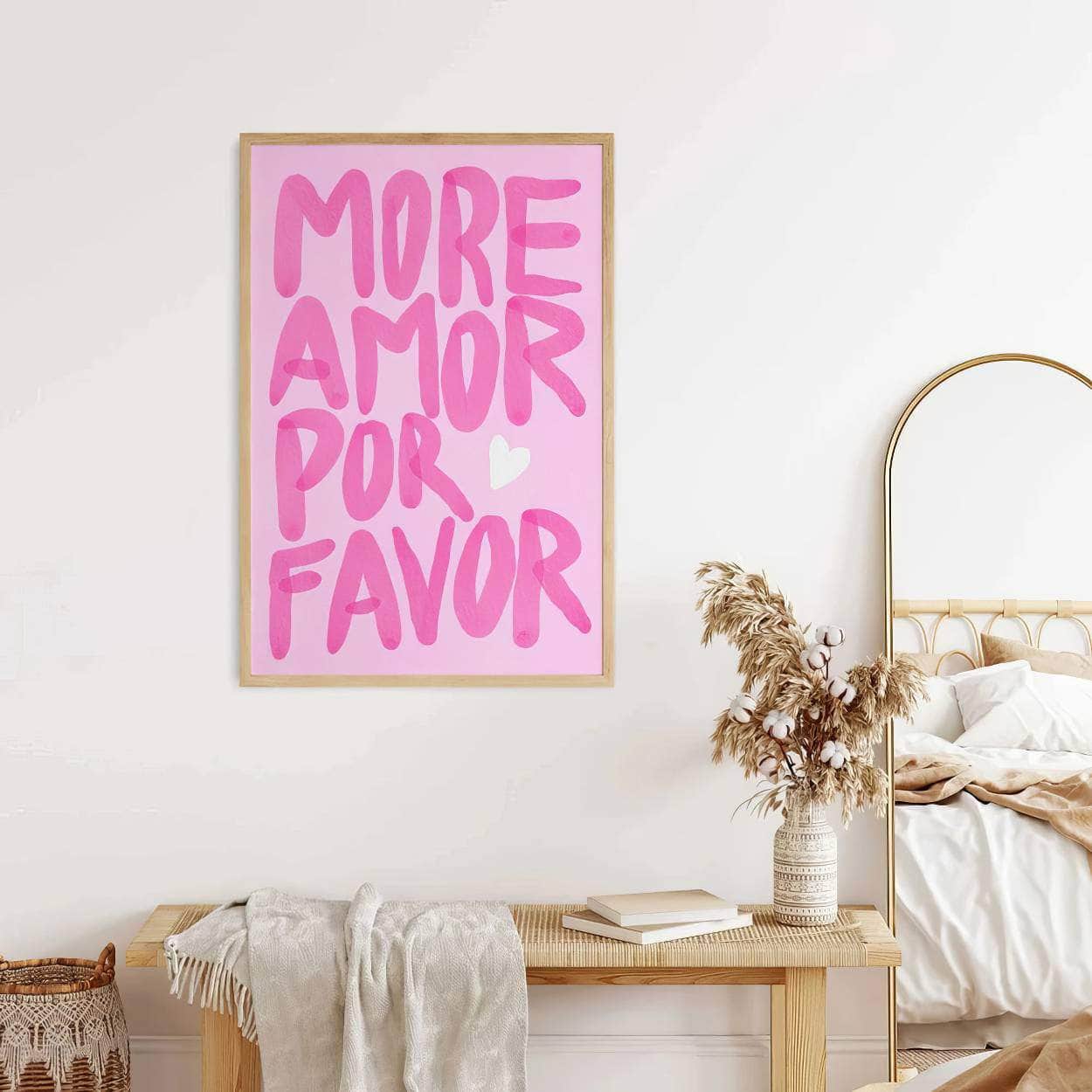Maximalist Love Quote Canvas: 'More Amor Por Favor' - Colorful Eclectic Pink Wall Art for Living Room Decor