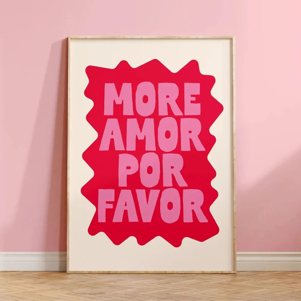 Maximalist Love Quote Canvas: 'More Amor Por Favor' - Colorful Eclectic Pink Wall Art for Living Room Decor AHP0304-10 / 20x30cm No Frame