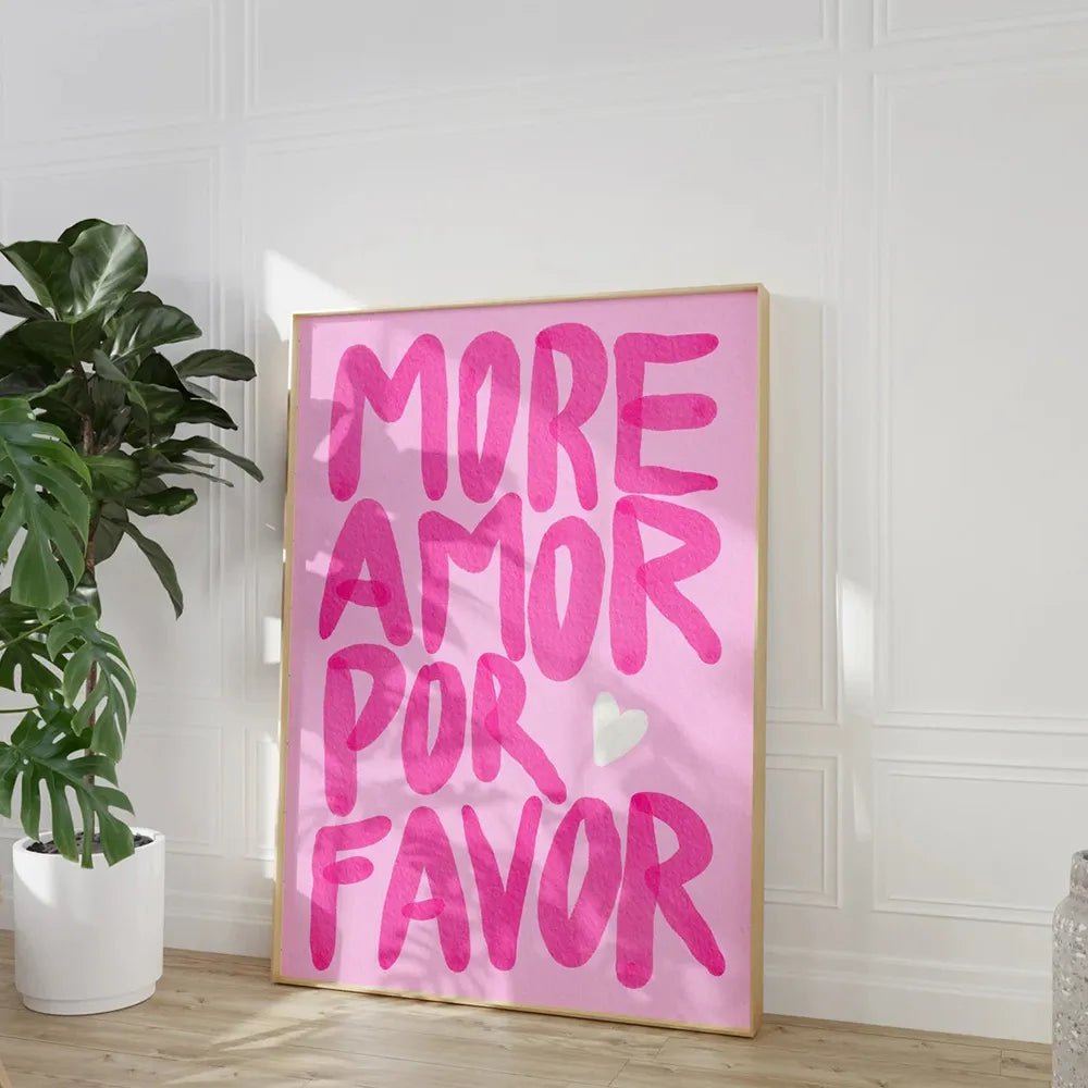 Maximalist Love Quote Canvas: 'More Amor Por Favor' - Colorful Eclectic Pink Wall Art for Living Room Decor AHP0304-3 / 20x30cm No Frame