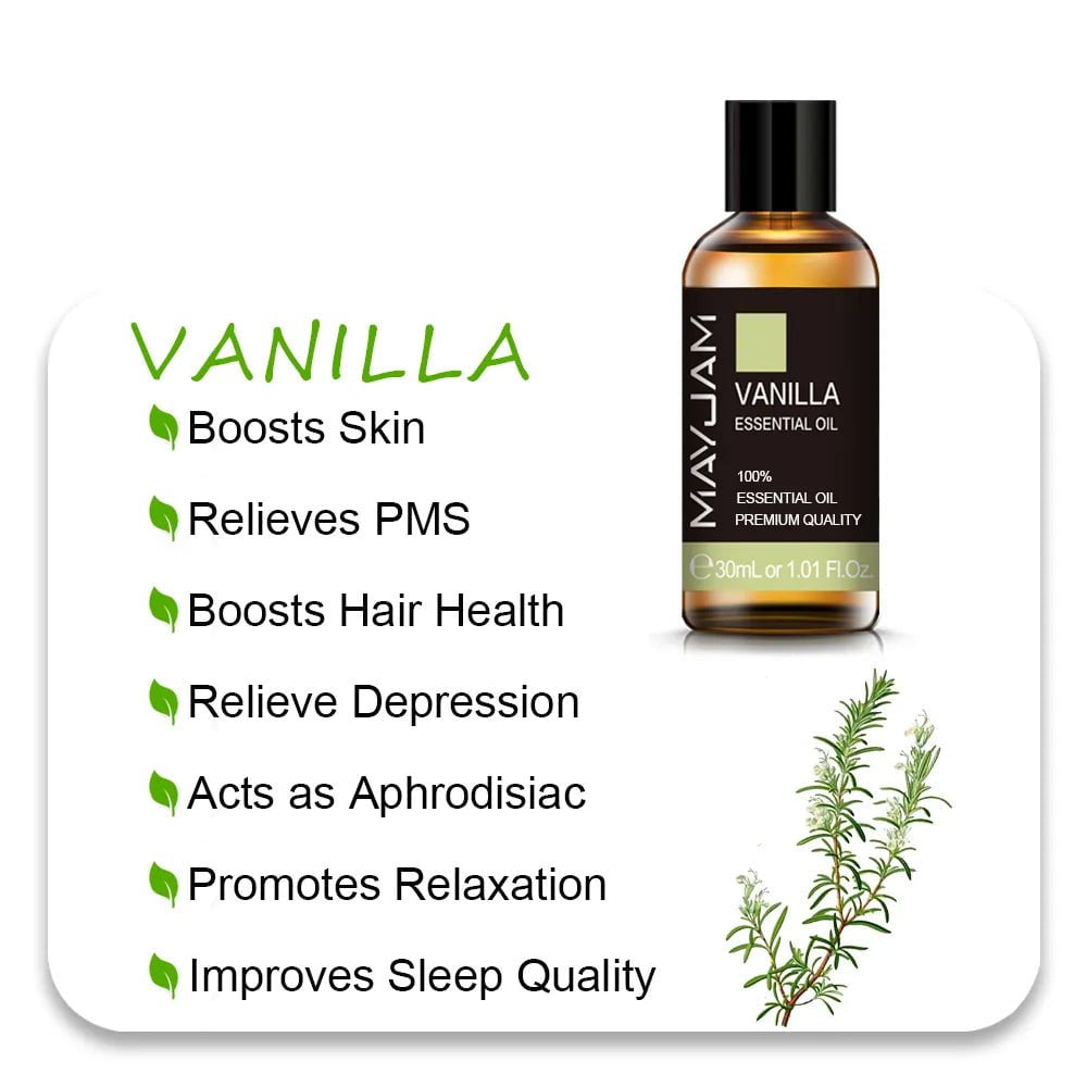 MAYJAM Essential Oils: 10ml, 30ml, 100ml for Humidifier Diffuser - Lavender, Jasmine, Eucalyptus, Ylang Ylang, Vanilla, Tea Tree Aroma Oil Vanilla Oil / 30ml / CHINA