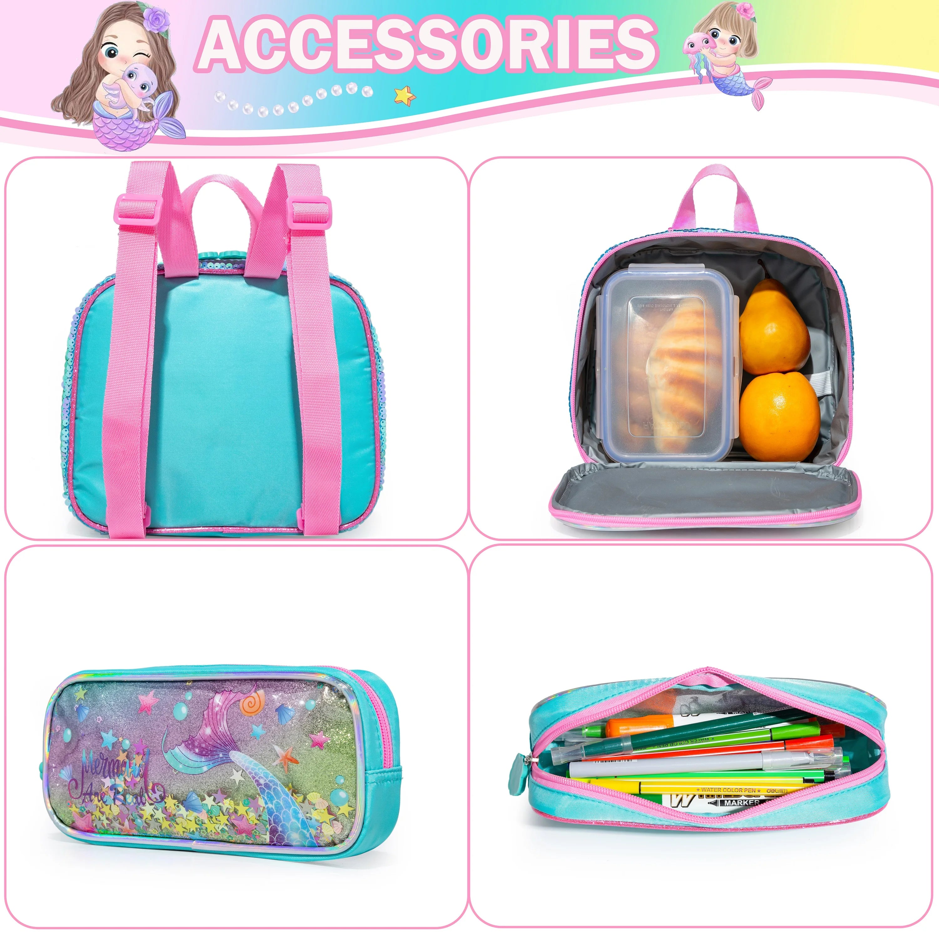 Meetbelify Girls' Backpack Set - Full Size School Bookbag with Lunch Box, Ideal for Elementary Students and Travel