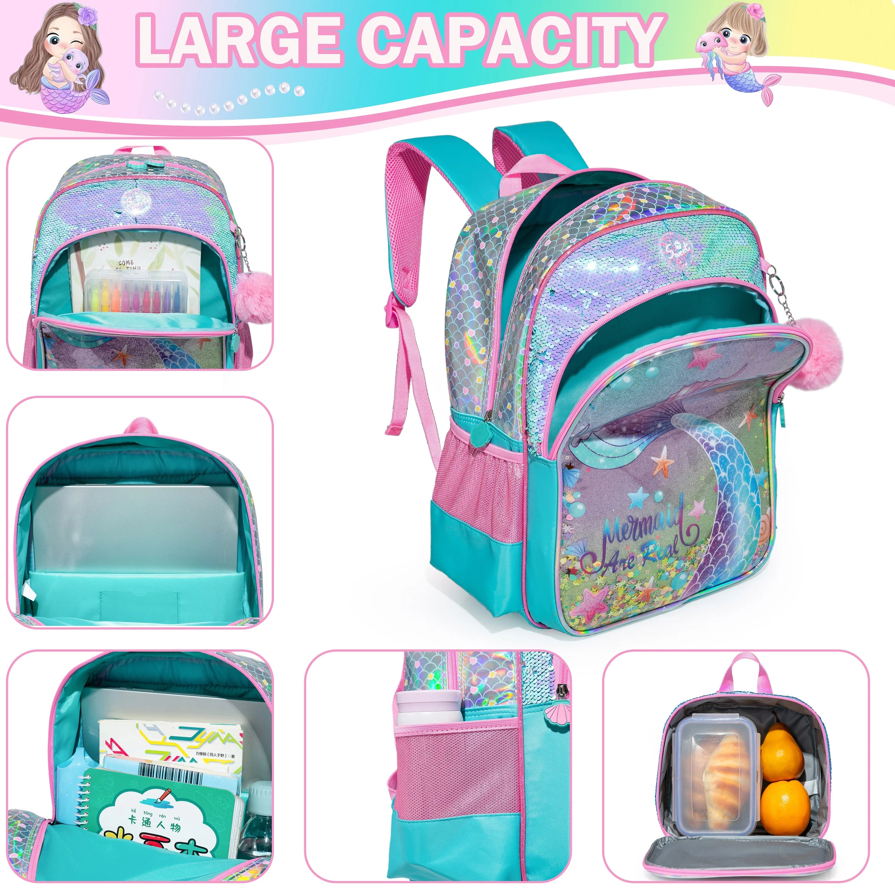 Meetbelify Girls' Backpack Set - Full Size School Bookbag with Lunch Box, Ideal for Elementary Students and Travel