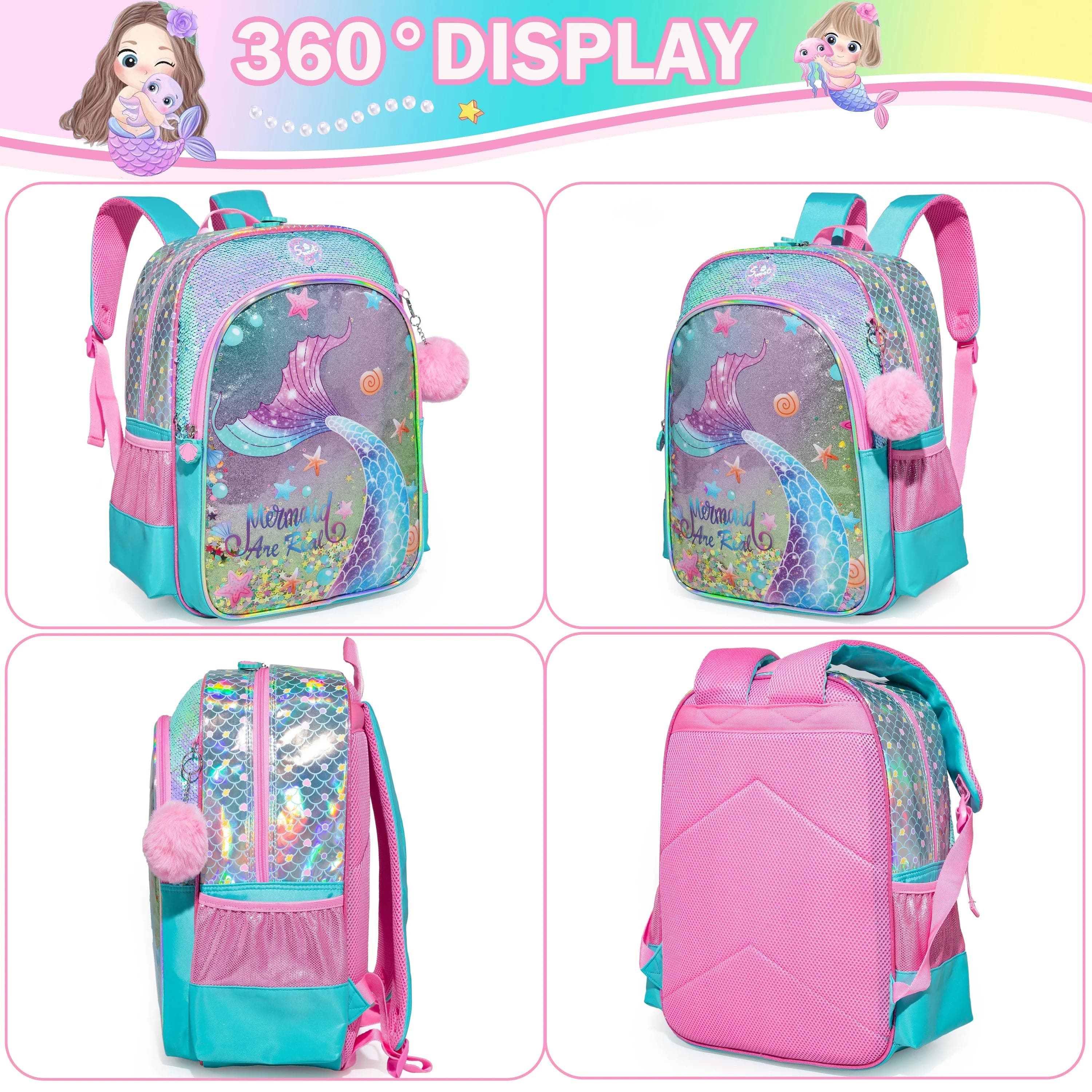 Meetbelify Girls' Backpack Set - Full Size School Bookbag with Lunch Box, Ideal for Elementary Students and Travel