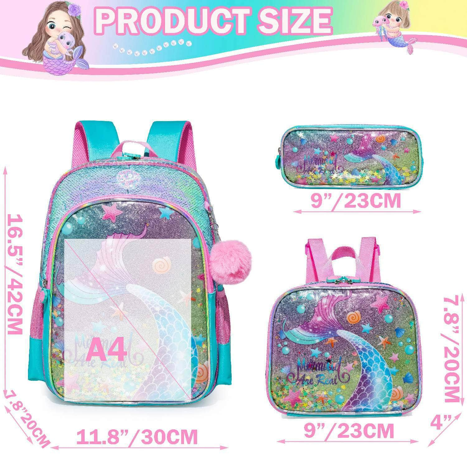 Meetbelify Girls' Backpack Set - Full Size School Bookbag with Lunch Box, Ideal for Elementary Students and Travel