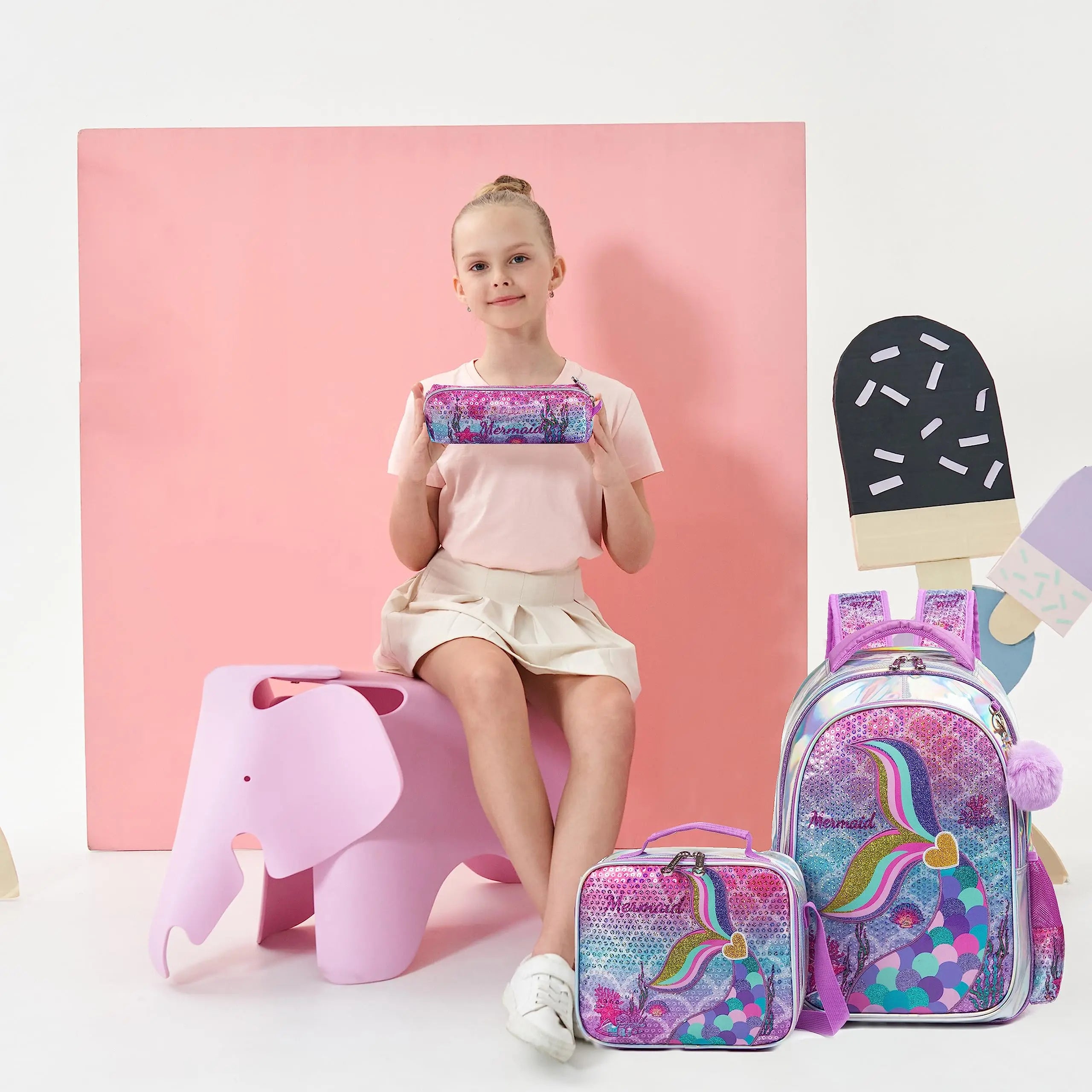 Meetbelify Mermaid Backpack Set for Girls - School Bag with Lunch Box, Ideal for Elementary Students (Ages 5-8)