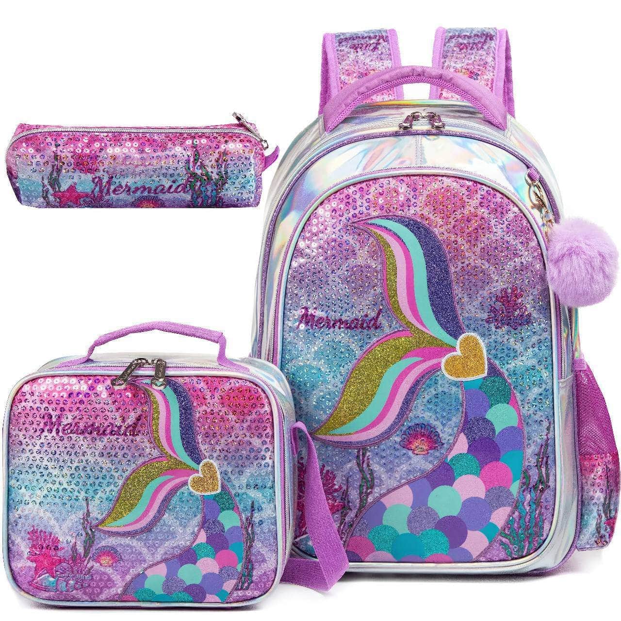 Meetbelify Mermaid Backpack Set for Girls - School Bag with Lunch Box, Ideal for Elementary Students (Ages 5-8) Lavender