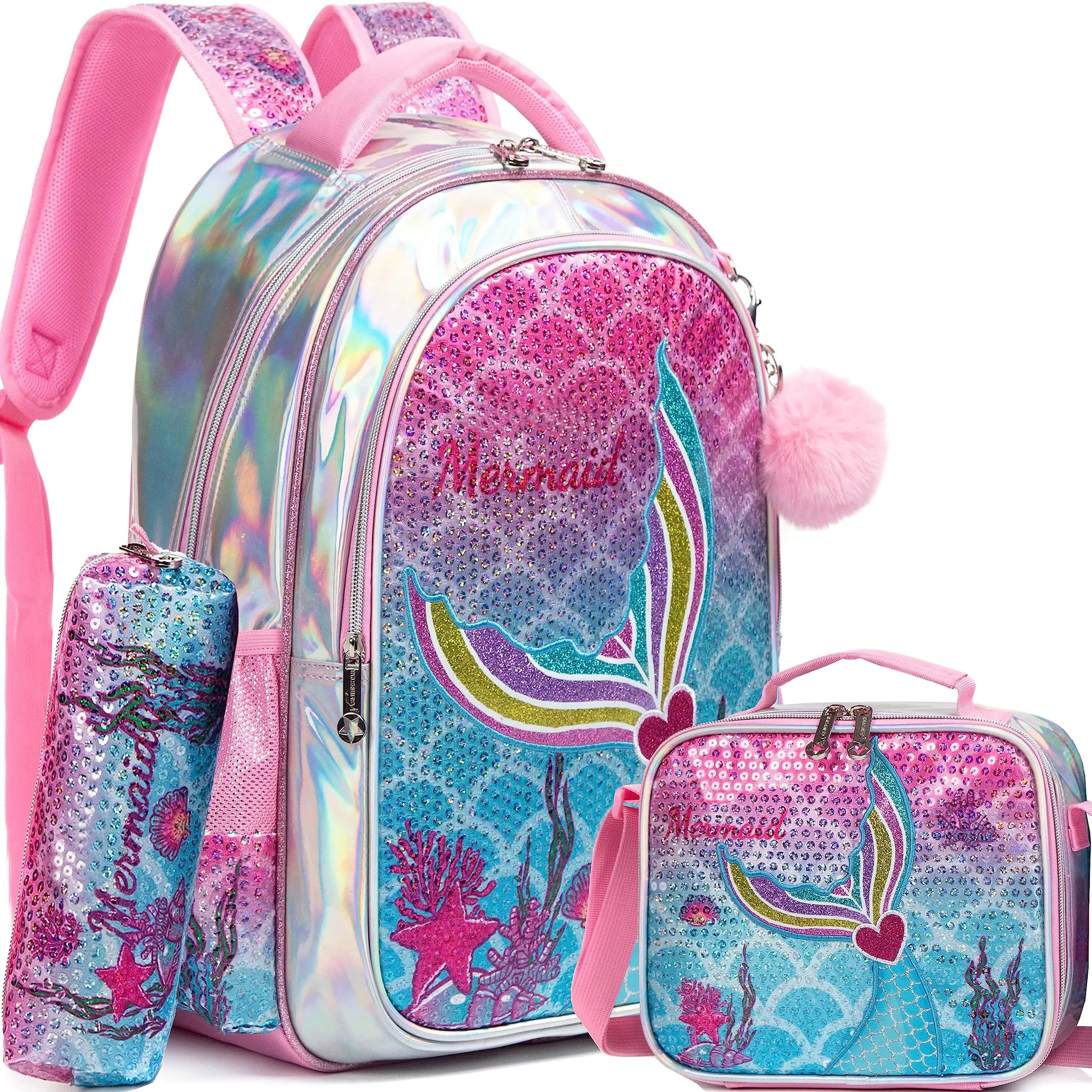 Meetbelify Mermaid Backpack Set for Girls - School Bag with Lunch Box, Ideal for Elementary Students (Ages 5-8) Pink